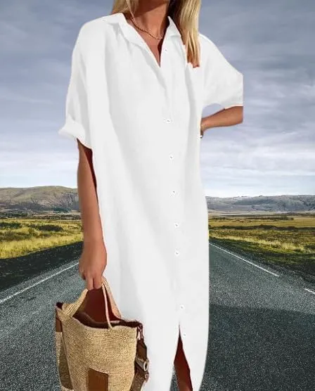 Womens Maxi Dress Button Down Rolled-Up Sleeve Cotton Linen Casual Dress Summer Vacation Beach Sundress