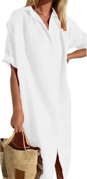 Womens Maxi Dress Button Down Rolled-Up Sleeve Cotton Linen Casual Dress Summer Vacation Beach Sundress