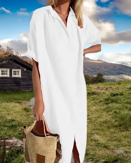 Womens Maxi Dress Button Down Rolled-Up Sleeve Cotton Linen Casual Dress Summer Vacation Beach Sundress