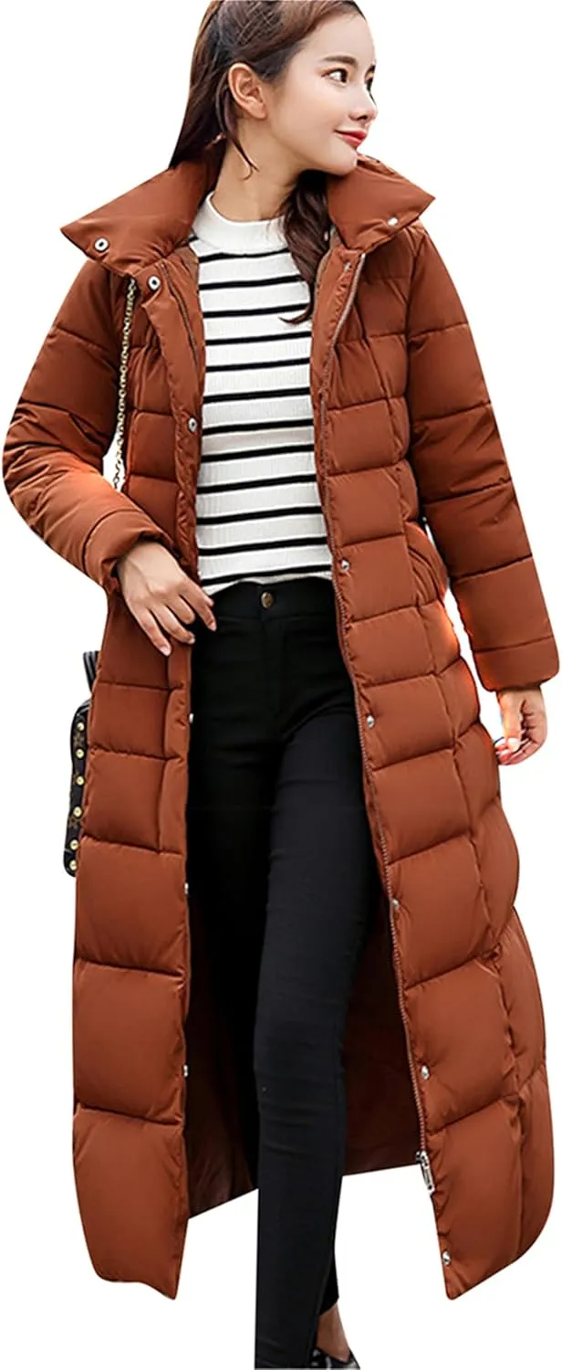 Women's Maxi Pockets Long Down Jacket Long Sleeve Padded Puffer Jacket Winter Belted Faux Fur Hood Coat