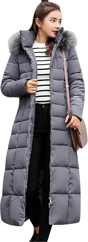 Women's Maxi Pockets Long Down Jacket Long Sleeve Padded Puffer Jacket Winter Belted Faux Fur Hood Coat