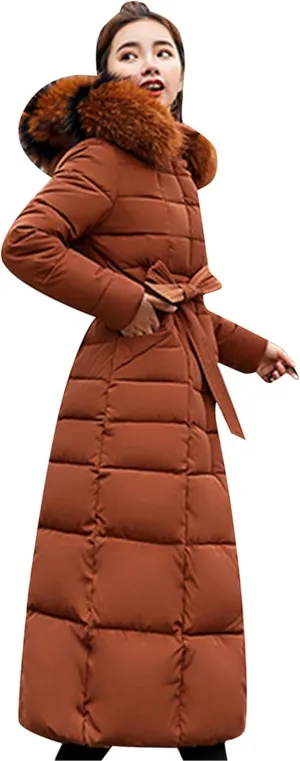 Women's Maxi Pockets Long Down Jacket Long Sleeve Padded Puffer Jacket Winter Belted Faux Fur Hood Coat
