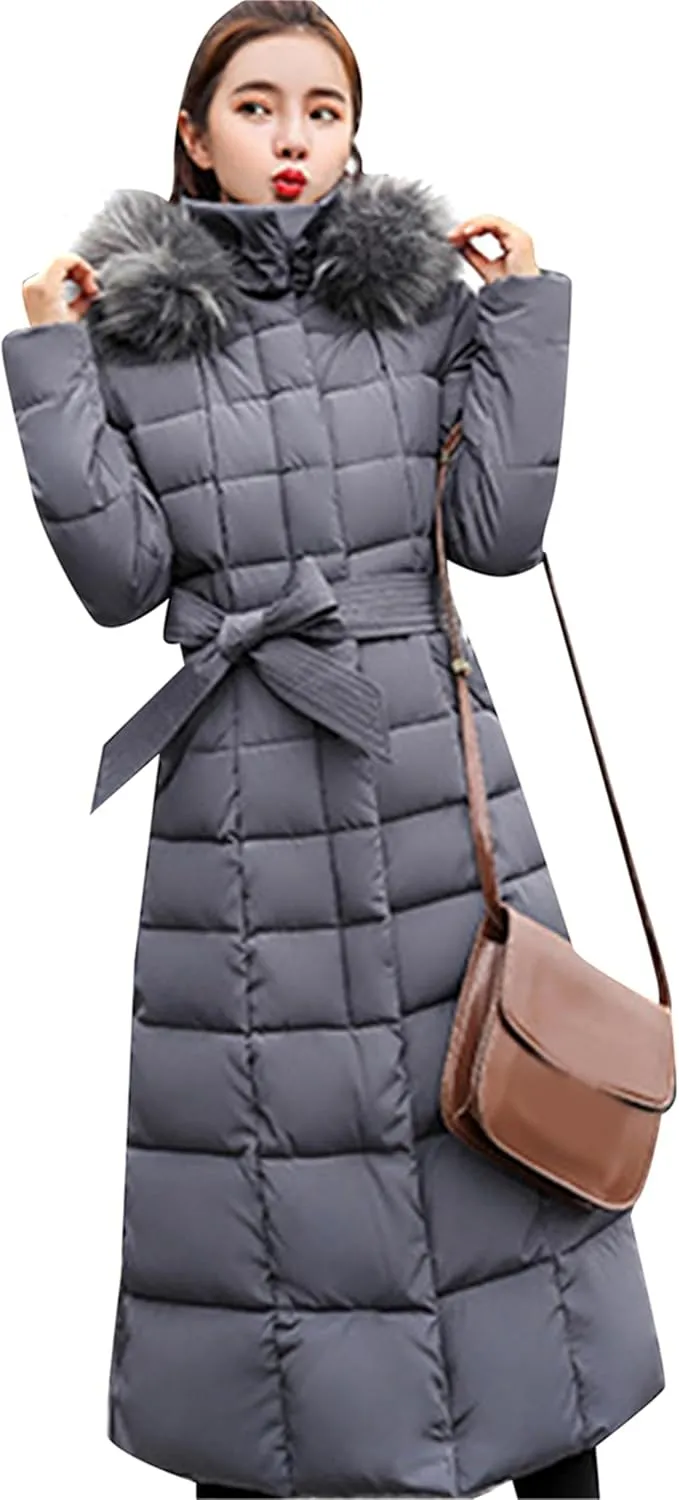 Women's Maxi Pockets Long Down Jacket Long Sleeve Padded Puffer Jacket Winter Belted Faux Fur Hood Coat