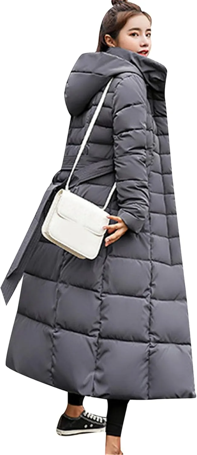 Women's Maxi Pockets Long Down Jacket Long Sleeve Padded Puffer Jacket Winter Belted Faux Fur Hood Coat