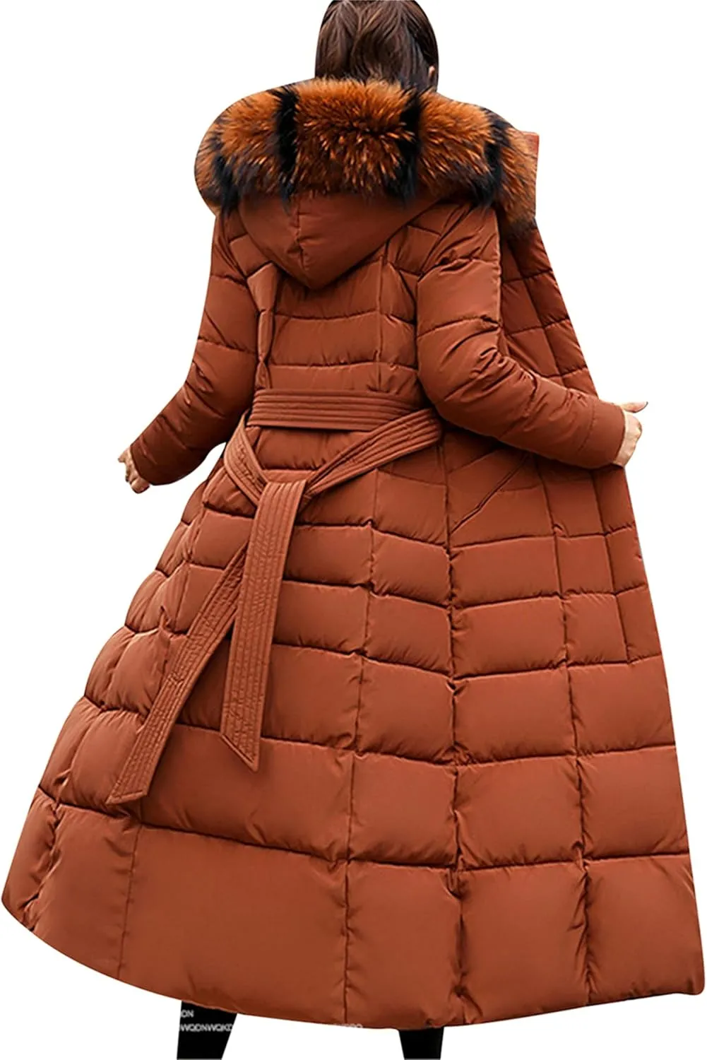 Women's Maxi Pockets Long Down Jacket Long Sleeve Padded Puffer Jacket Winter Belted Faux Fur Hood Coat