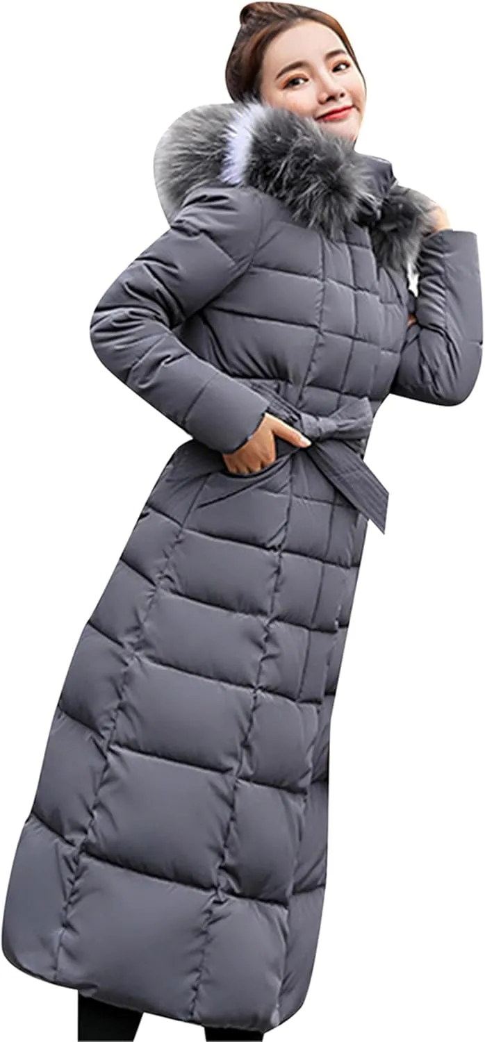 Women's Maxi Pockets Long Down Jacket Long Sleeve Padded Puffer Jacket Winter Belted Faux Fur Hood Coat
