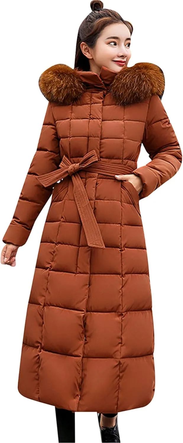 Women's Maxi Pockets Long Down Jacket Long Sleeve Padded Puffer Jacket Winter Belted Faux Fur Hood Coat