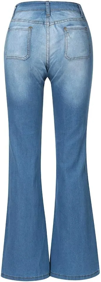 Womens Mid Waist Bell Jeans Trendy Straight Wide Leg Gradient Flare Denim Pants Front Button Slim Work Casual Trouser