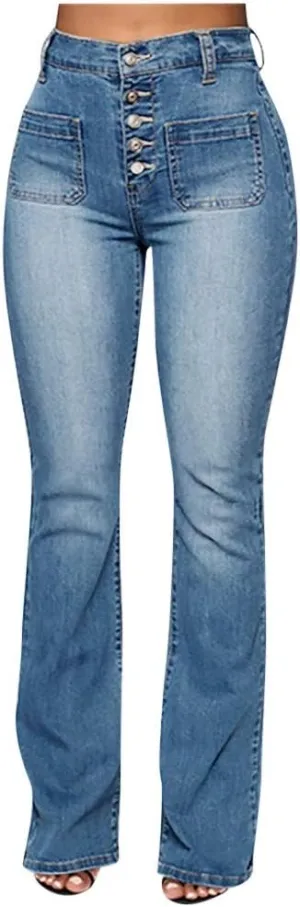 Womens Mid Waist Bell Jeans Trendy Straight Wide Leg Gradient Flare Denim Pants Front Button Slim Work Casual Trouser