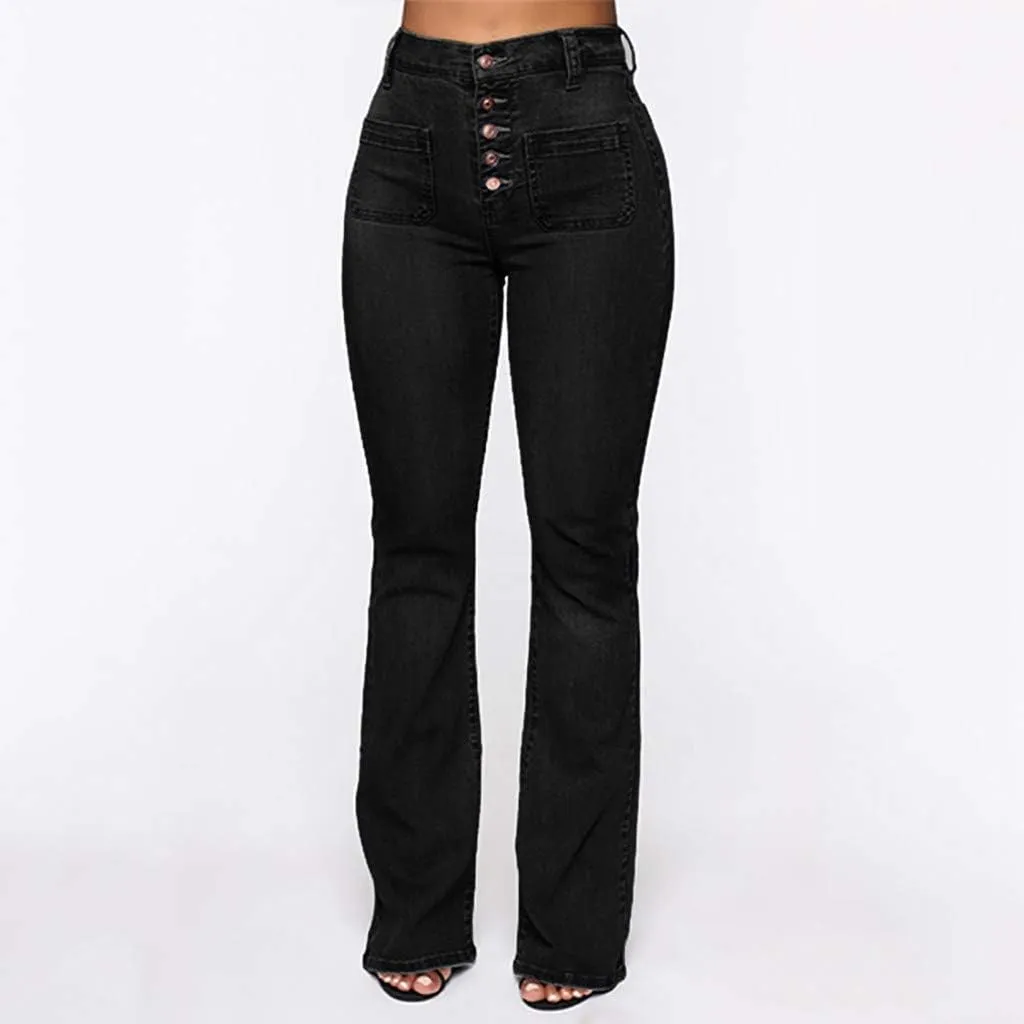 Womens Mid Waist Bell Jeans Trendy Straight Wide Leg Gradient Flare Denim Pants Front Button Slim Work Casual Trouser