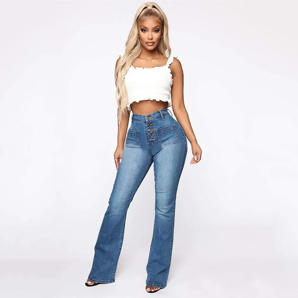 Womens Mid Waist Bell Jeans Trendy Straight Wide Leg Gradient Flare Denim Pants Front Button Slim Work Casual Trouser