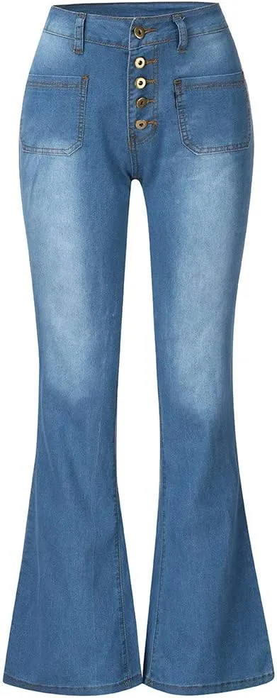 Womens Mid Waist Bell Jeans Trendy Straight Wide Leg Gradient Flare Denim Pants Front Button Slim Work Casual Trouser