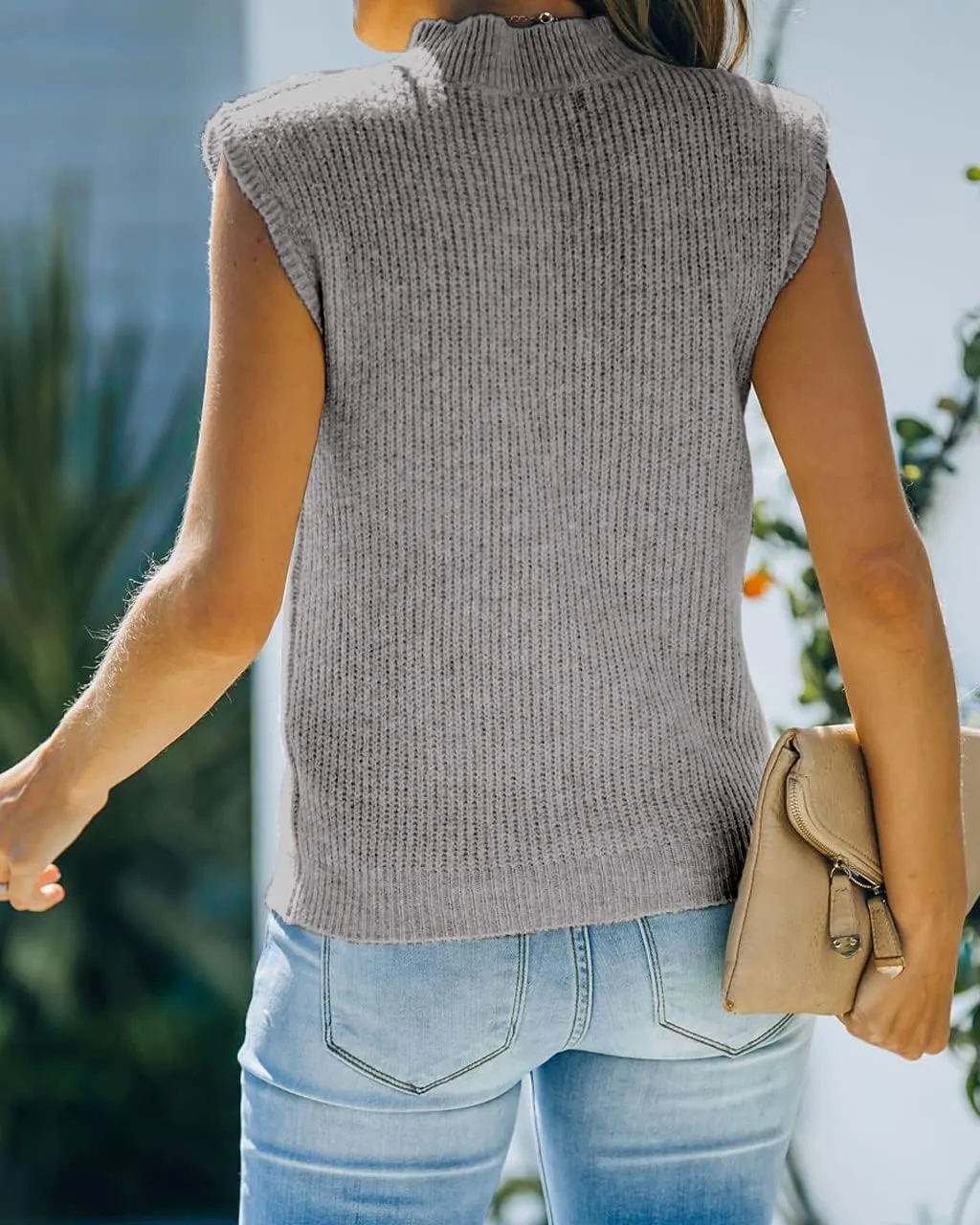 Women's Mock Neck Knit Sweater Vest Sleeveless Casual Trendy Summer Ribbed Pullover Tank Tops