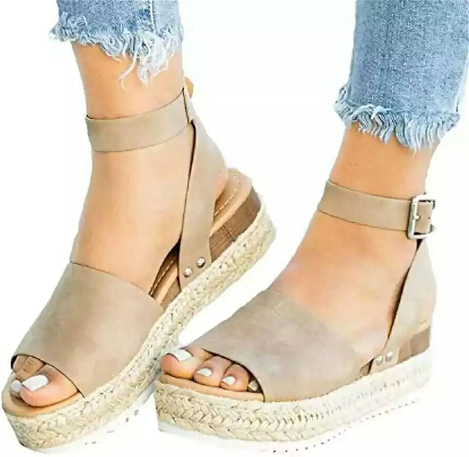 Womens Open Toe Buckle Ankle Strap Espadrilles Flatform Wedge Casual Sandal Wedge Sandal Ankle Buckle Beach Open Toe Wide Widge Sanddals Orthopedic Width