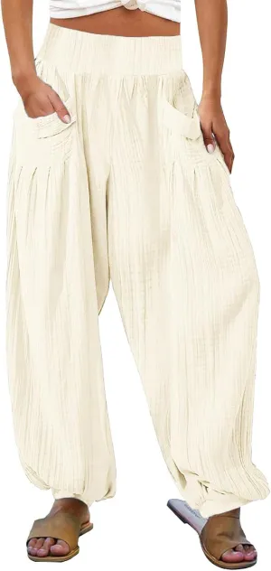 Womens Oversized Pleated Linen Pant Fashion Plus Size Wide Leg Smocked Waist Cuffed Trousers Work Lounge Casual Pants