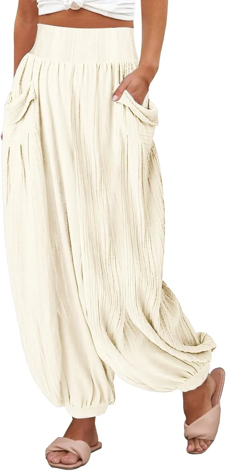 Womens Oversized Pleated Linen Pant Fashion Plus Size Wide Leg Smocked Waist Cuffed Trousers Work Lounge Casual Pants