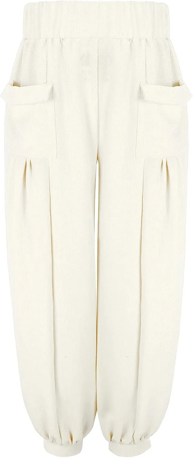 Womens Oversized Pleated Linen Pant Fashion Plus Size Wide Leg Smocked Waist Cuffed Trousers Work Lounge Casual Pants