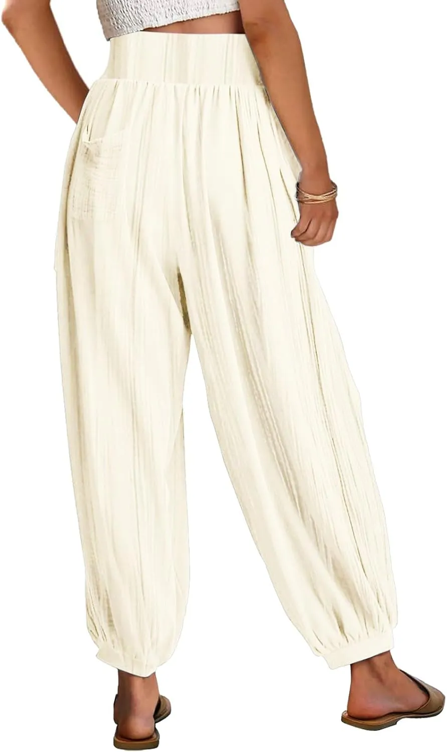 Womens Oversized Pleated Linen Pant Fashion Plus Size Wide Leg Smocked Waist Cuffed Trousers Work Lounge Casual Pants