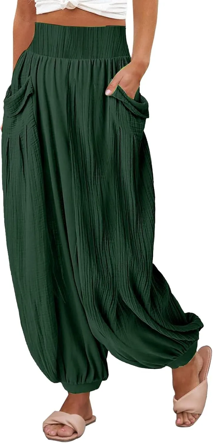 Womens Oversized Pleated Linen Pant Fashion Plus Size Wide Leg Smocked Waist Cuffed Trousers Work Lounge Casual Pants
