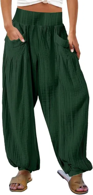 Womens Oversized Pleated Linen Pant Fashion Plus Size Wide Leg Smocked Waist Cuffed Trousers Work Lounge Casual Pants