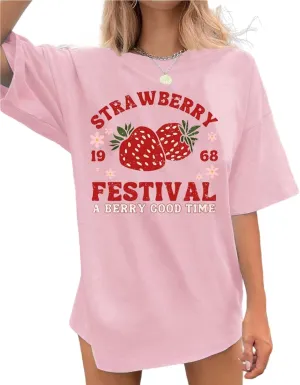 Womens Oversized T Shirts Strawberry Fruit Graphic Tees Summer Casual Loose Beach Vacation 2025 Clothes Tops