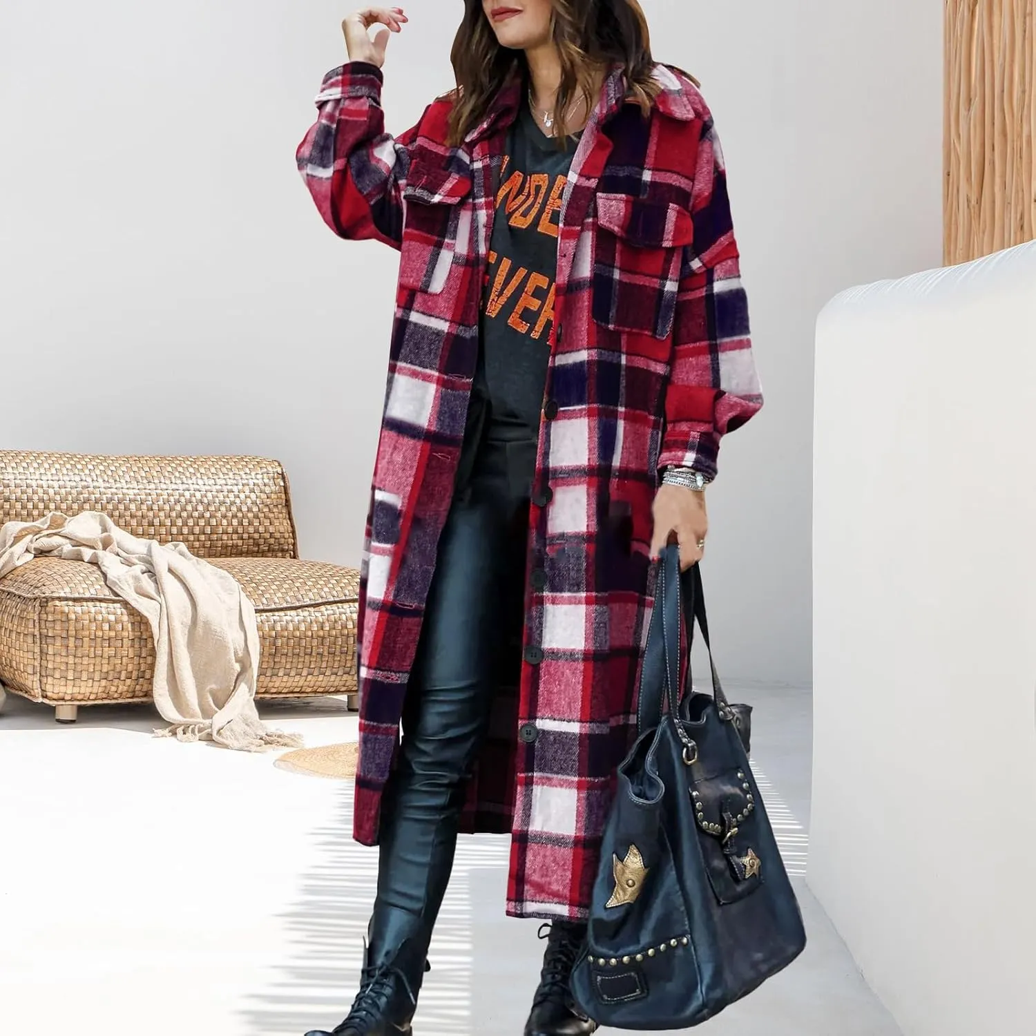 Women's Plaid Shacket Jacket Casual Button Wool Blend Winter Tartan Trench Coat With Pockets