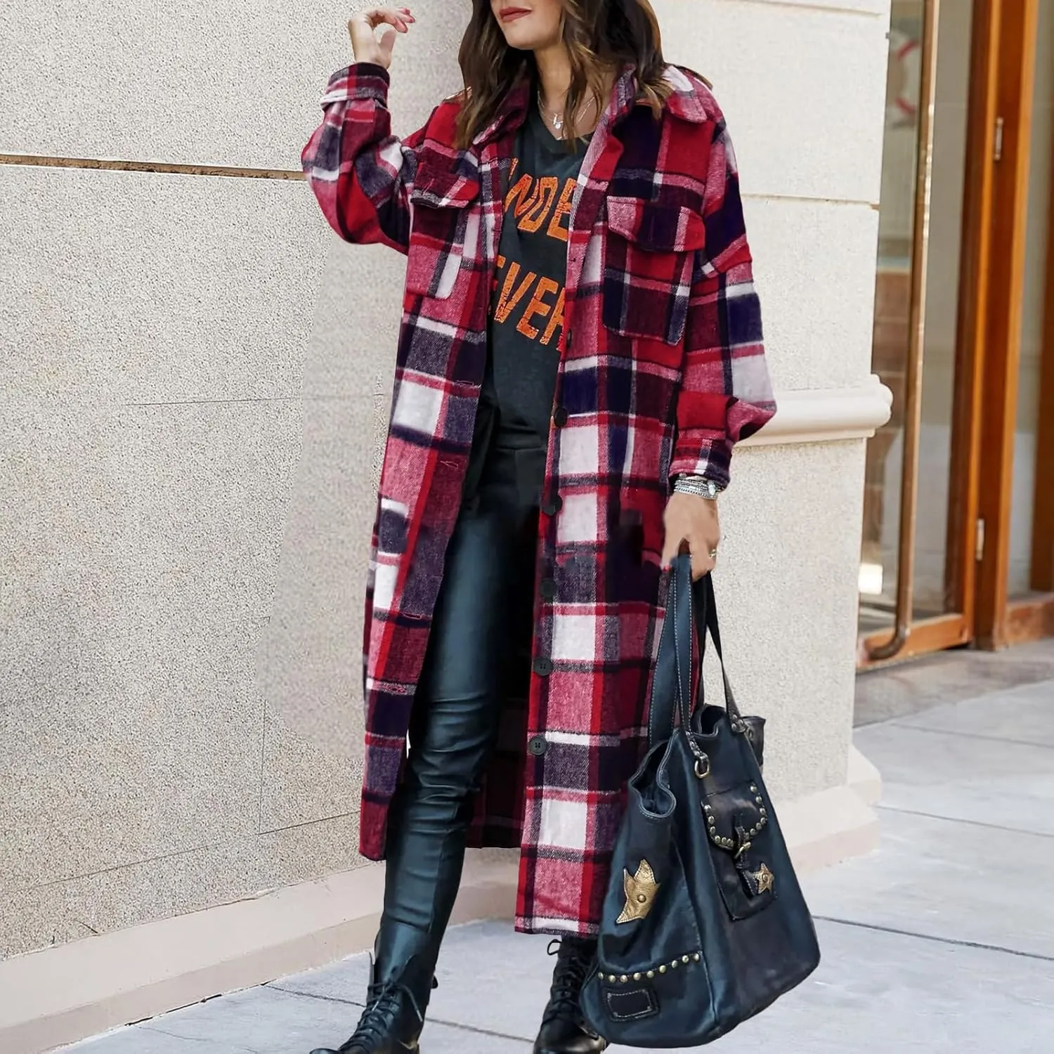 Women's Plaid Shacket Jacket Casual Button Wool Blend Winter Tartan Trench Coat With Pockets