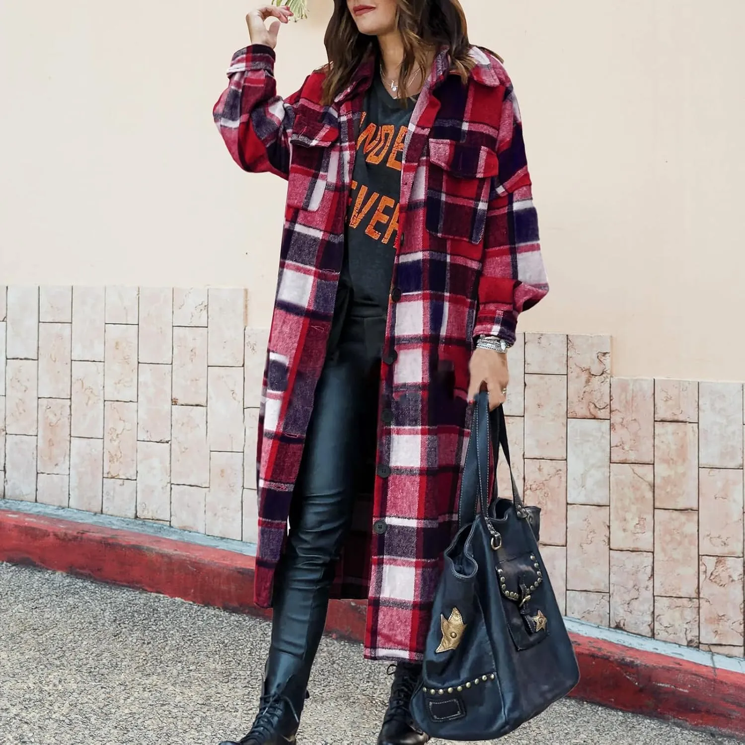 Women's Plaid Shacket Jacket Casual Button Wool Blend Winter Tartan Trench Coat With Pockets