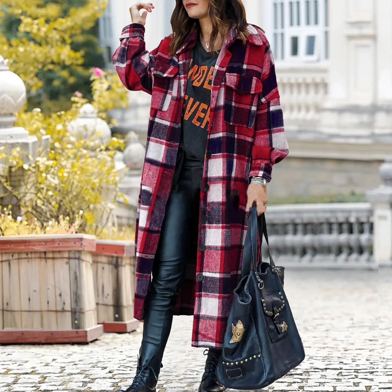 Women's Plaid Shacket Jacket Casual Button Wool Blend Winter Tartan Trench Coat With Pockets