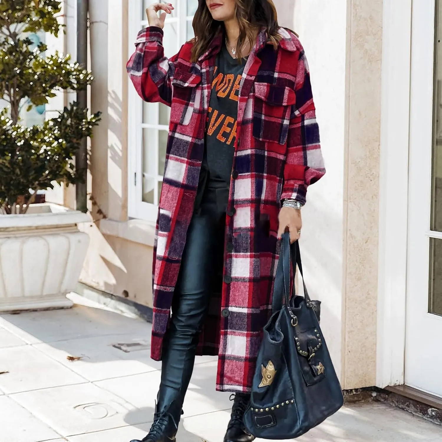 Women's Plaid Shacket Jacket Casual Button Wool Blend Winter Tartan Trench Coat With Pockets