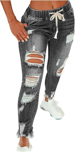 Womens Plus Size Slim Jeans Trendy Ripped Hole Hip Hop Y2K Denim Pants Stretchy High Waist Drawstring Casual Trousers