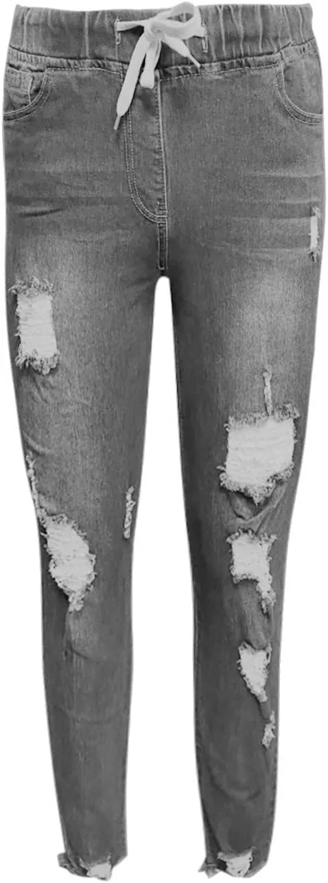 Womens Plus Size Slim Jeans Trendy Ripped Hole Hip Hop Y2K Denim Pants Stretchy High Waist Drawstring Casual Trousers