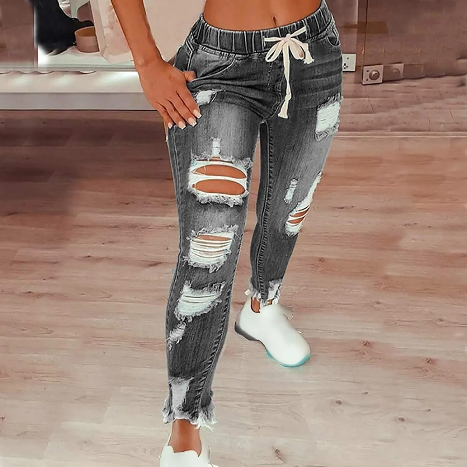 Womens Plus Size Slim Jeans Trendy Ripped Hole Hip Hop Y2K Denim Pants Stretchy High Waist Drawstring Casual Trousers