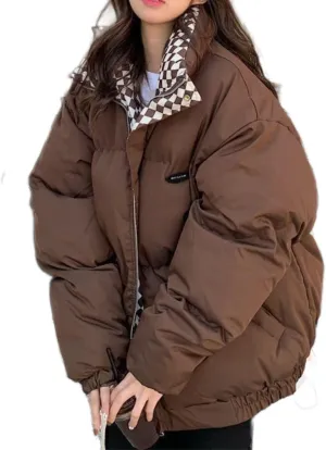 Women's Quilted Padded Puffer Jacket Zip Up Checkered Short Bubble Down Coat Trendy Y2k Teen Girls Baggy Winter Clothes