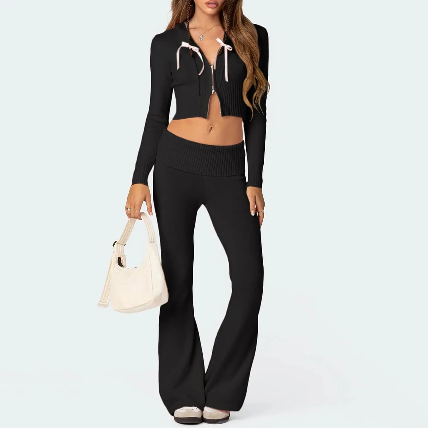 Women's Ribbed Knit 2Pcs Outfits Long Sleeve Zip Up Hooded Sweater Top Flare Skinny Pants Set Y2K Loungewear Set