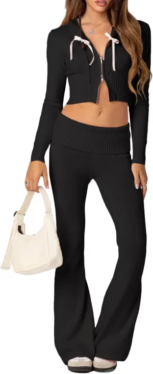 Women's Ribbed Knit 2Pcs Outfits Long Sleeve Zip Up Hooded Sweater Top Flare Skinny Pants Set Y2K Loungewear Set