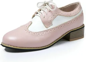 Women's Round Toe Lace-Up Leather Perforated Oxfords Fashion Patchwork Low Chunky Heel Block Wingtip Brogues Pumps Classic Retro Derby Saddle Shoes