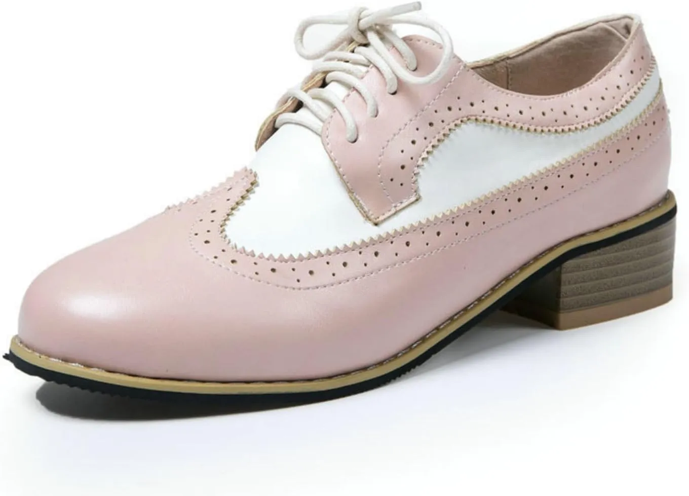 Women's Round Toe Lace-Up Leather Perforated Oxfords Fashion Patchwork Low Chunky Heel Block Wingtip Brogues Pumps Classic Retro Derby Saddle Shoes