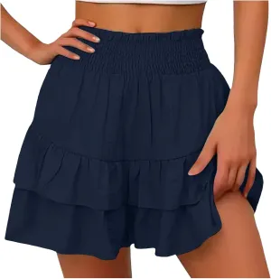 Women's Ruffle Flowy Mini Skirts High Waisted Cute Short Skirts Casual Layered Pleated Skirts Weekend Dating Outfit