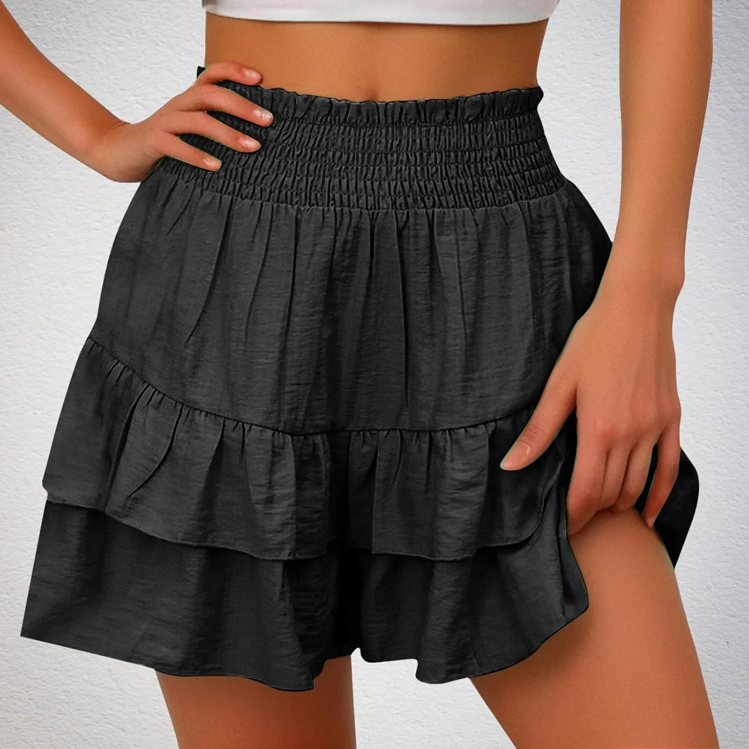 Women's Ruffle Flowy Mini Skirts High Waisted Cute Short Skirts Casual Layered Pleated Skirts Weekend Dating Outfit