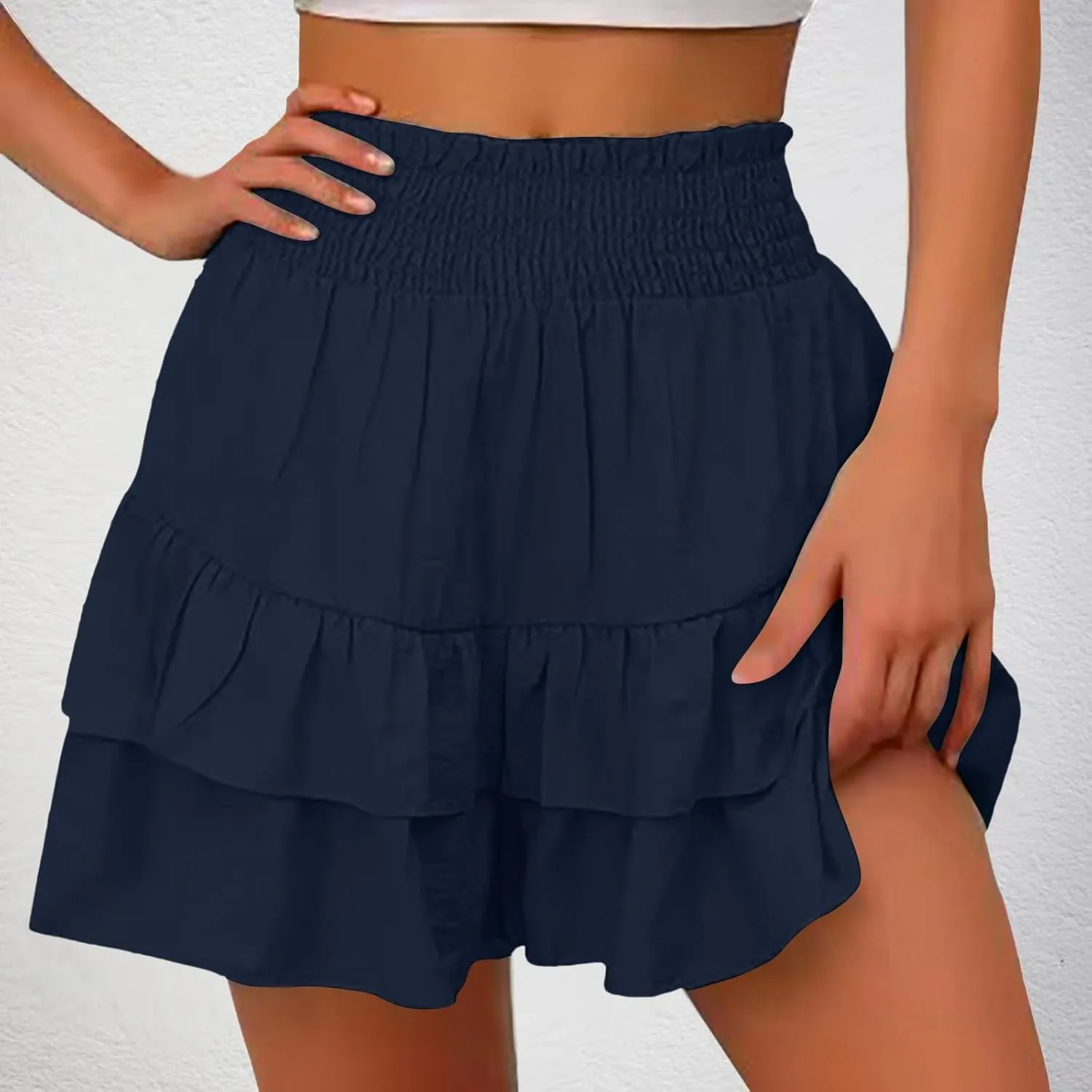 Women's Ruffle Flowy Mini Skirts High Waisted Cute Short Skirts Casual Layered Pleated Skirts Weekend Dating Outfit