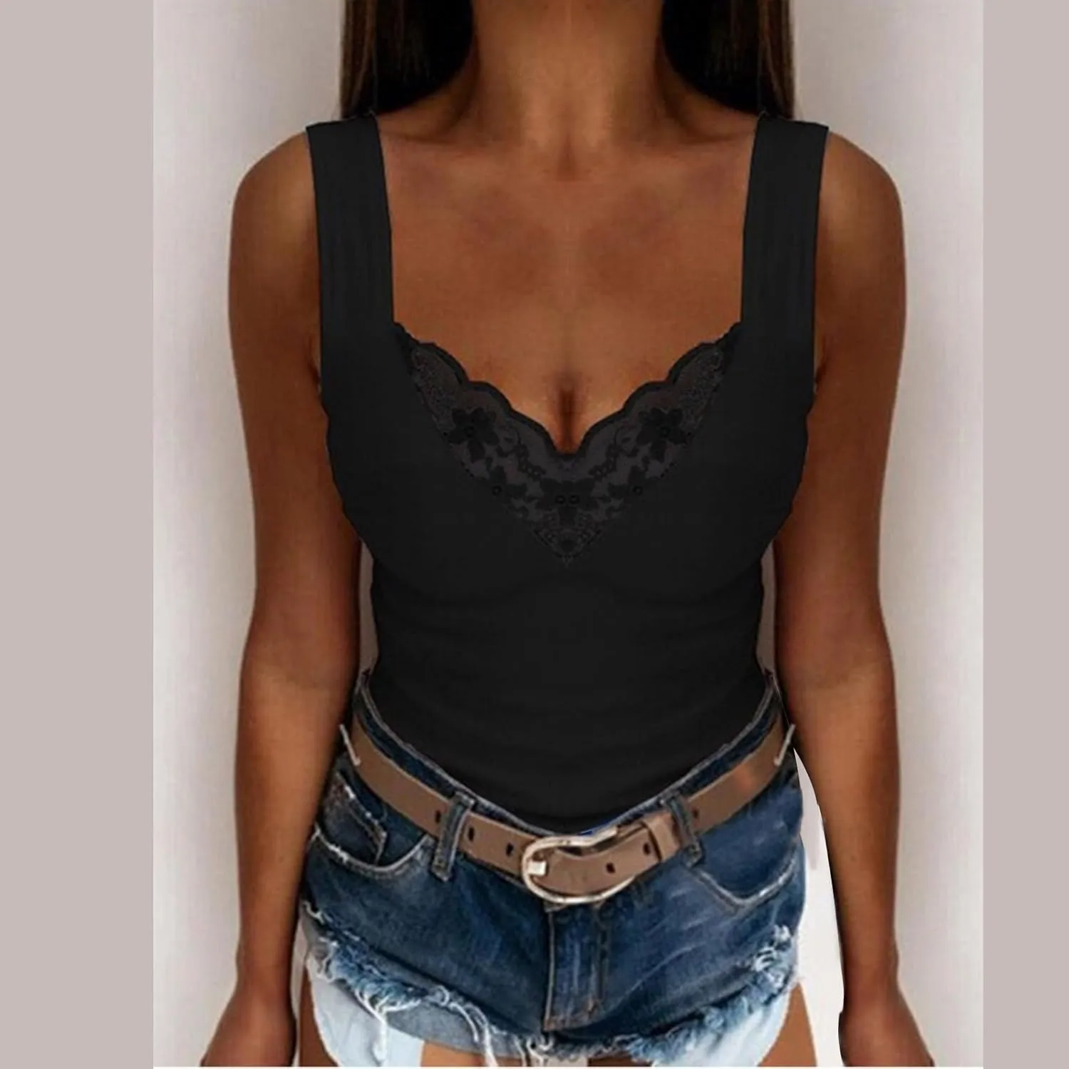 Women's Sexy Lace Camisole Tank Tops 2025 Summer V Neck Solid Color Vest Slim Fit Seamless Shirts