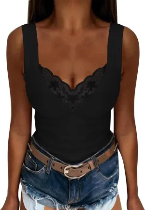 Women's Sexy Lace Camisole Tank Tops 2025 Summer V Neck Solid Color Vest Slim Fit Seamless Shirts