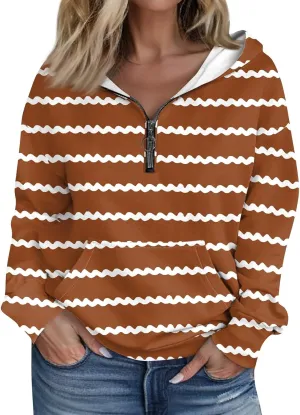 Womens Shirts Casual Quarter Zip Hoodie Pullover Striped Sweaters Trendy Long Sleeve Knitted Sweatshirt Casual Sweater Tops