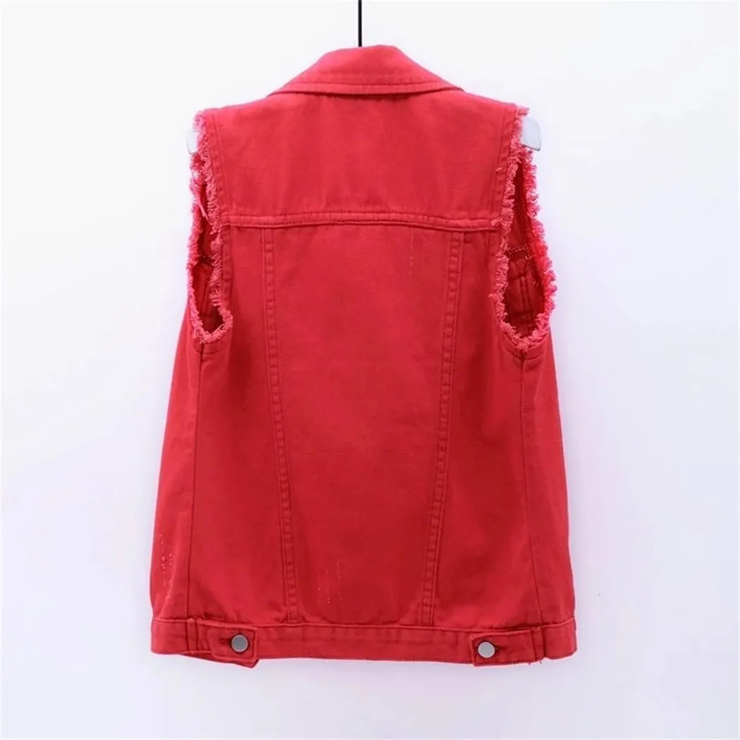 Women's Spring Summer Korean Fashion Sleeveless Denim Jacket Vest Single Breasted Jean Waistcoat Short Coats