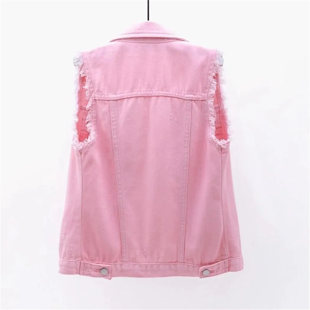 Women's Spring Summer Korean Fashion Sleeveless Denim Jacket Vest Single Breasted Jean Waistcoat Short Coats