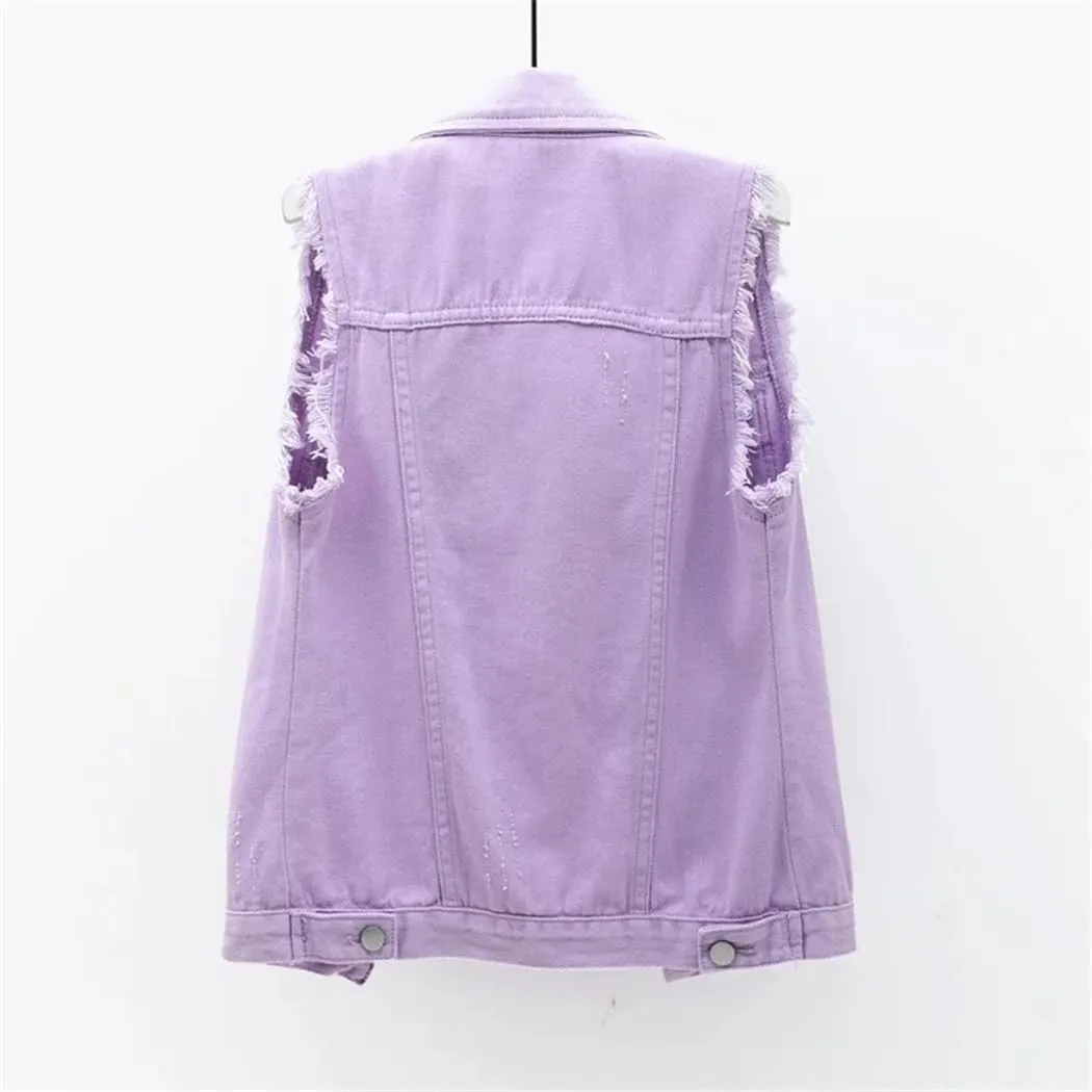 Women's Spring Summer Korean Fashion Sleeveless Denim Jacket Vest Single Breasted Jean Waistcoat Short Coats