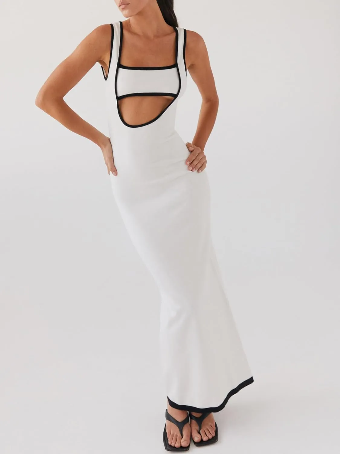 Womens Summer Bodycon Long Maxi Dress Sleeveless Scoop Neck Ribbed Knit Hollow Out Cocktail Party Dresses