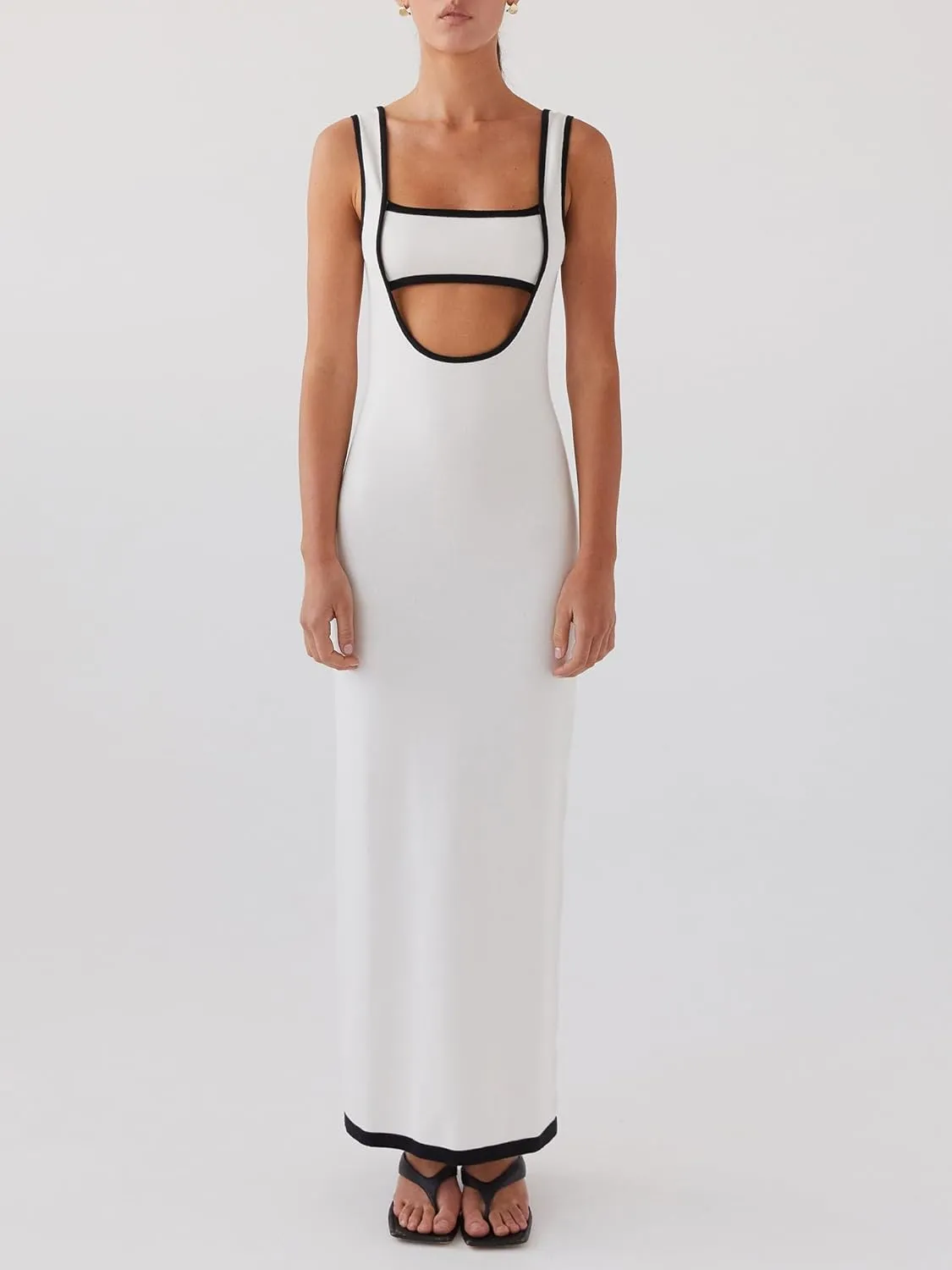 Womens Summer Bodycon Long Maxi Dress Sleeveless Scoop Neck Ribbed Knit Hollow Out Cocktail Party Dresses