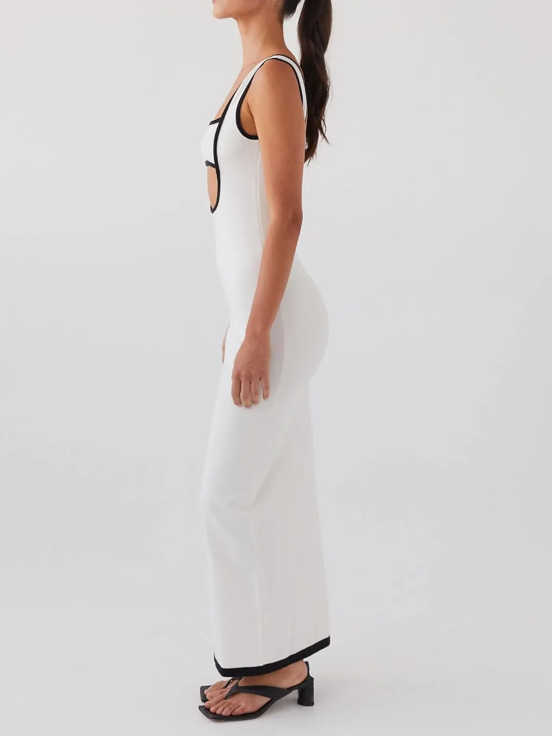Womens Summer Bodycon Long Maxi Dress Sleeveless Scoop Neck Ribbed Knit Hollow Out Cocktail Party Dresses